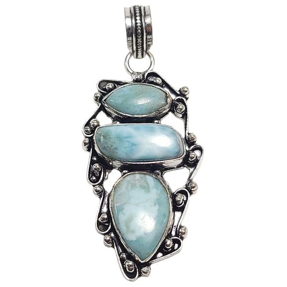 Triple Larimar Stone Silver Pendant (2") on 18" Necklace - Picture 1 of 9